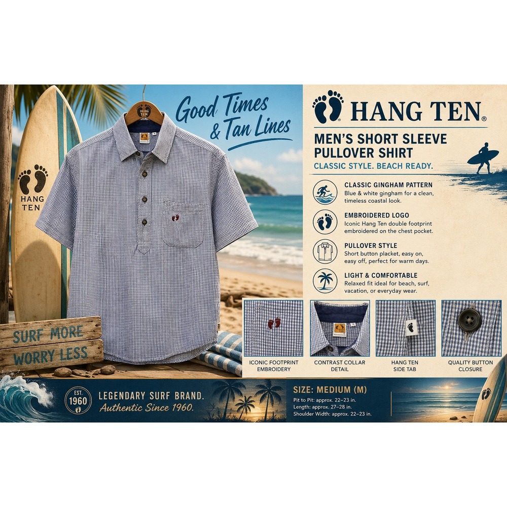 Vintage Hang Ten Men's Medium Blue Gingham Short Sleeve Shirt Embroidered Logo